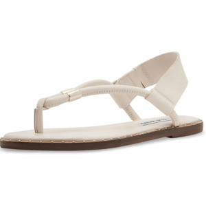 The Steve Madden Meduza Sandals feature a minimalist thong design with a beige leather upper, gold-tone hardware accent, and a flat sole. They have a slingback strap for a secure fit.