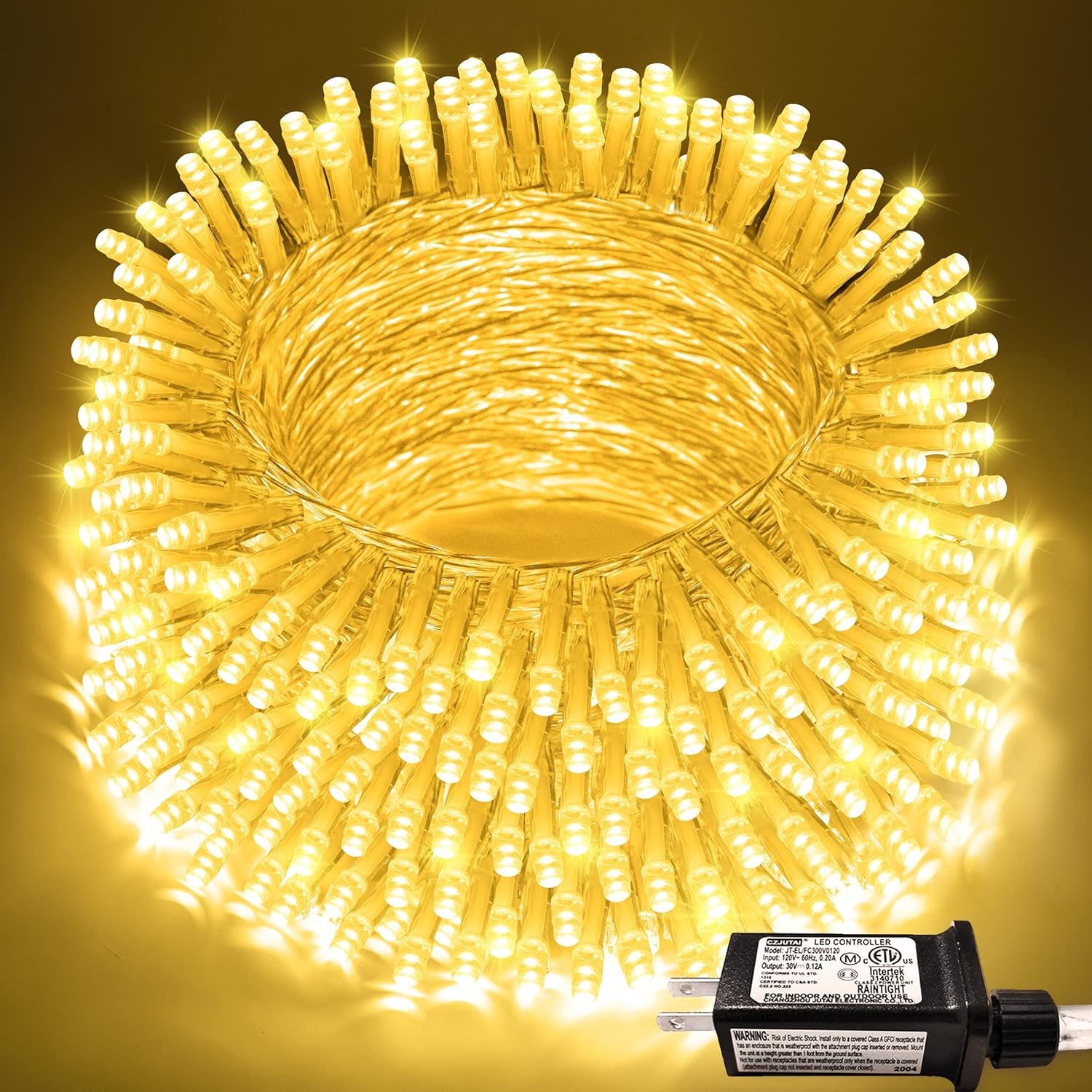 A coil of warm white LED Christmas lights with its transformer power supply is displayed, offering holiday or decorative illumination.