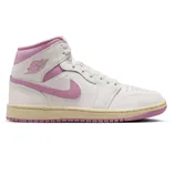 Nike Air Jordan 1 Mid in white and pink with a pink Swoosh and pastel accents, featuring the iconic Air Jordan Wings logo near the ankle.