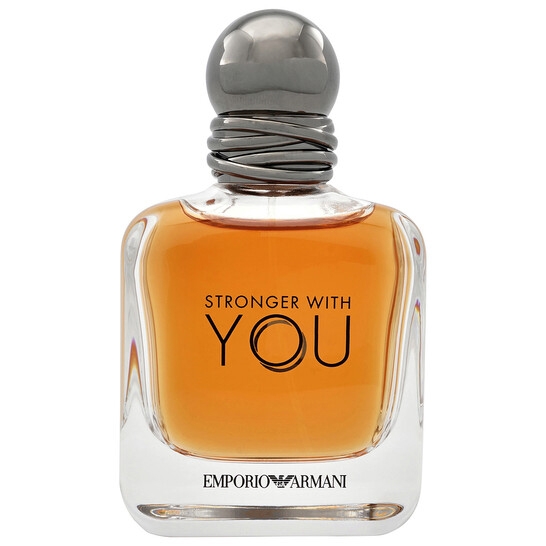 Emporio Armani \“Stronger With You\“ Eau de Toilette is presented in a clear rectangular bottle with a dark, rounded cap and features a warm amber-colored liquid, reflecting its aromatic and spicy fragrance profile.