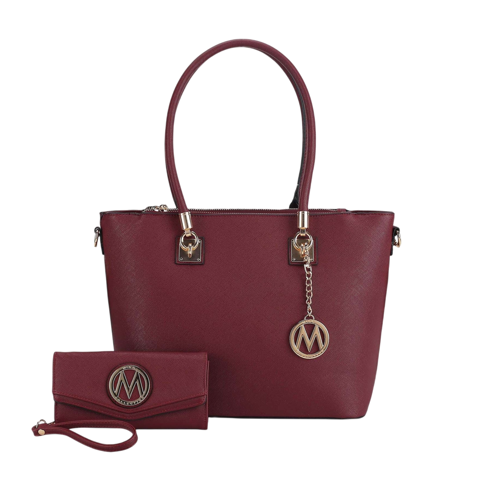 A burgundy handbag with gold hardware and a matching wristlet, both featuring a circular emblem with the letter \“M.\“