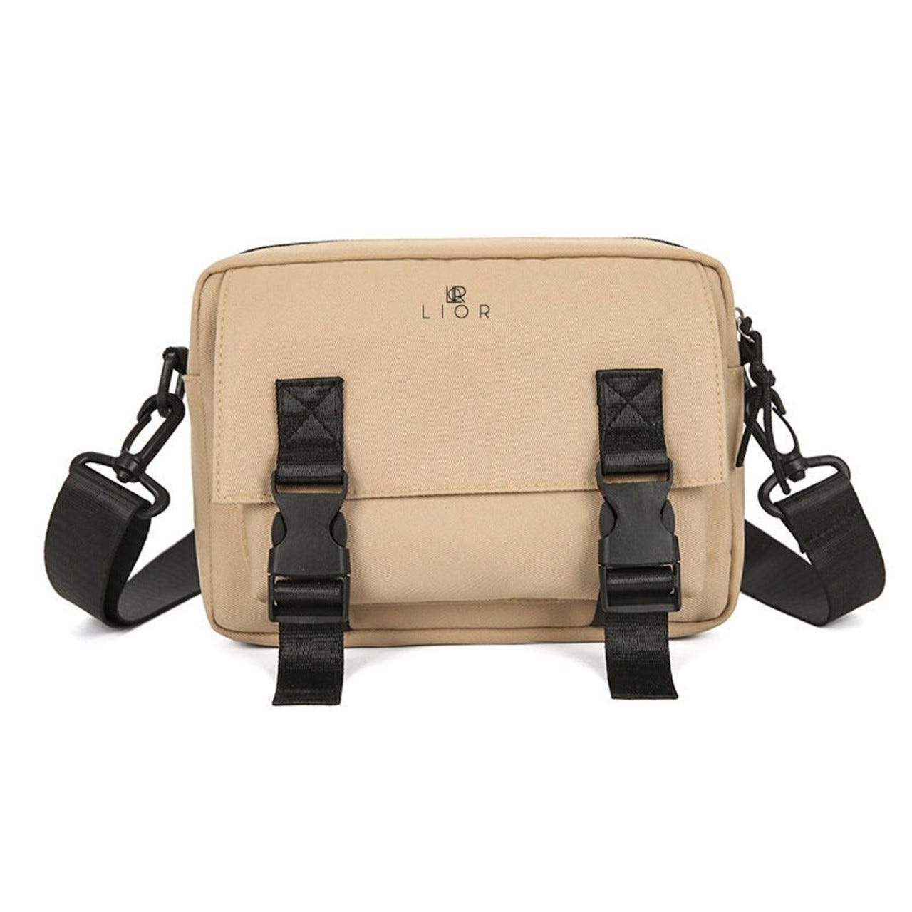 A beige crossbody bag with black adjustable straps and dual front buckle closures, featuring the brand name \“LIOR\“ on the front.