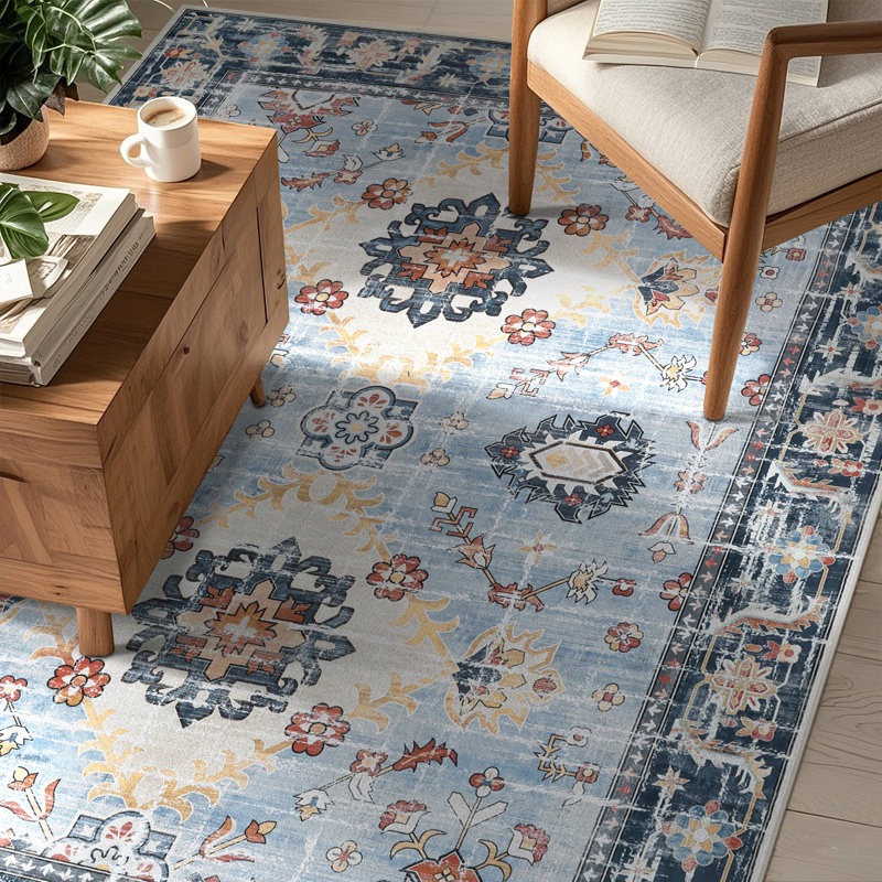 A wooden coffee table with a cup of coffee and a stack of books sits on a blue, patterned rug. An upholstered chair with wooden legs and an open book is nearby.