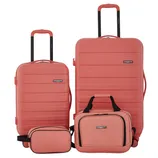 A four-piece luggage set in coral color, including two hard-shell suitcases with telescopic handles, a carry-on bag, and a toiletry case.