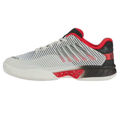 A white tennis shoe with black and red accents featuring a striped design, textured sole, and \“K3\“ detail on the heel.