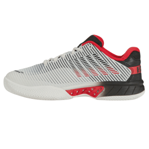 A white tennis shoe with black and red accents featuring a striped design, textured sole, and \“K3\“ detail on the heel.