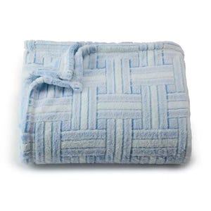 A folded light blue plush blanket with a textured geometric pattern.