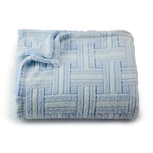 A folded light blue plush blanket with a textured geometric pattern.