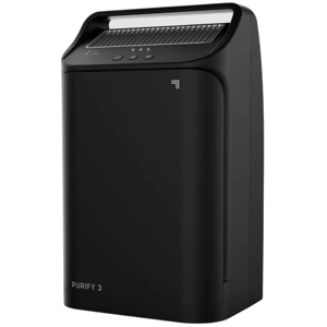 A black paper shredder with a top-loading design, featuring a handle and control buttons on the front.