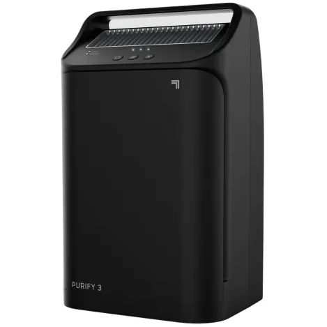 A black paper shredder with a top-loading design, featuring a handle and control buttons on the front.