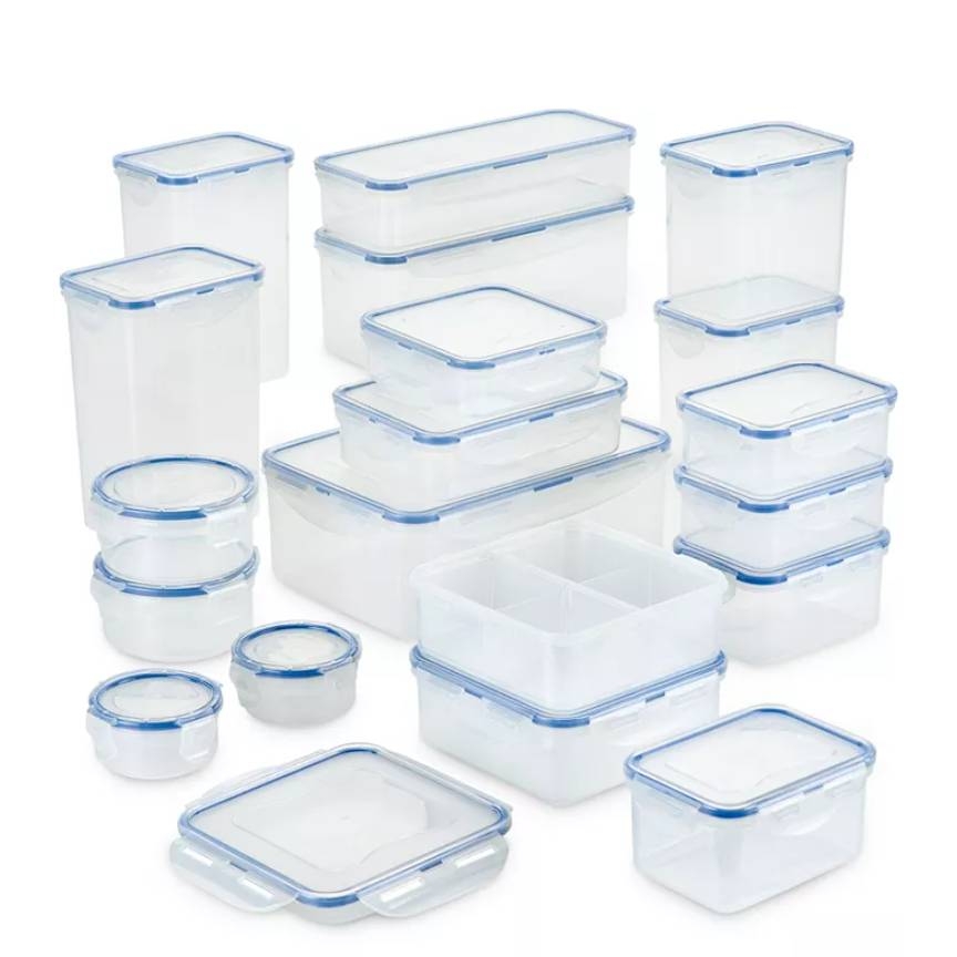 A collection of clear, rectangular, and round food storage containers with blue snap-on lids, varying in size and shape, ideal for organizing kitchen supplies.