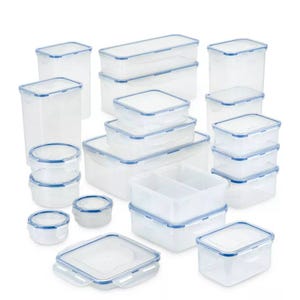 A collection of clear, rectangular, and round food storage containers with blue snap-on lids, varying in size and shape, ideal for organizing kitchen supplies.