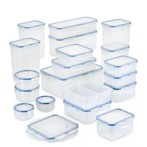 A collection of clear, rectangular, and round food storage containers with blue snap-on lids, varying in size and shape, ideal for organizing kitchen supplies.