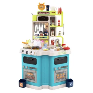 Toy kitchen set with cooking utensils, food items, a clock, a sink, and two ovens. Includes accessories like pretend condiments, play pots, and a recycling bin.