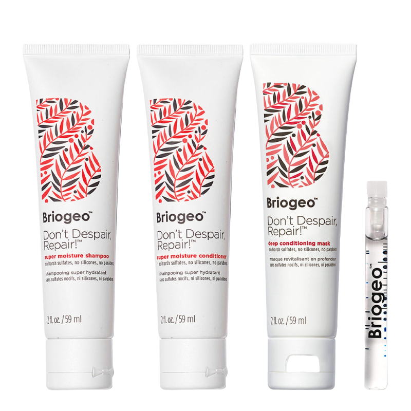 Briogeo Don't Despair, Repair! set includes a 2 fl. oz. super moisture shampoo, super moisture conditioner, deep conditioning mask, and a small vial of oil, all free from sulfates, silicones, and parabens.