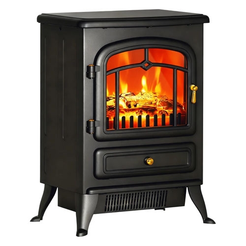 A black electric fireplace stove with a realistic flame effect, featuring brass accents on the door and base, and supported by four legs.