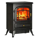 A black electric fireplace stove with a realistic flame effect, featuring brass accents on the door and base, and supported by four legs.