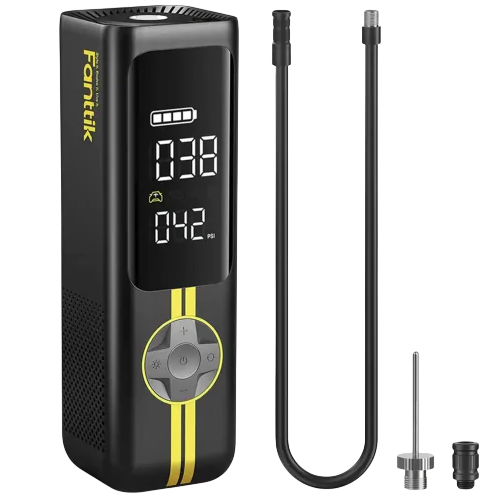 A portable tire inflator with a digital display showing pressure measurements, accompanied by a flexible air hose, a needle adapter, and a nozzle adapter.