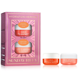 2pc Sunday Riley Skincare Set includes C.E.O. Vitamin C Rich Hydration Cream (15g) and C.E.O. Afterglow Brightening Vitamin C Gel Cream (15g), designed for hydration and brightening. Comes in a pink box labeled \“Hydration Heroes.\“