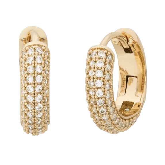Gold-tone mini huggie hoop earrings featuring a pave design with small, sparkling stones encrusted on the exterior surface for a shimmering effect.