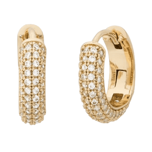 Gold-tone mini huggie hoop earrings featuring a pave design with small, sparkling stones encrusted on the exterior surface for a shimmering effect.