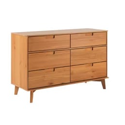 A mid-century modern wooden dresser with six drawers and angled legs, featuring a natural wood finish.