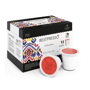 Bestpresso Colombian Medium Roast Coffee Pods, compatible with Keurig K-Cup brewers, include 12 cups per box. Made from 100% Arabica coffee, the packaging features colorful, geometric designs and indicates the coffee is a product of Italy.
