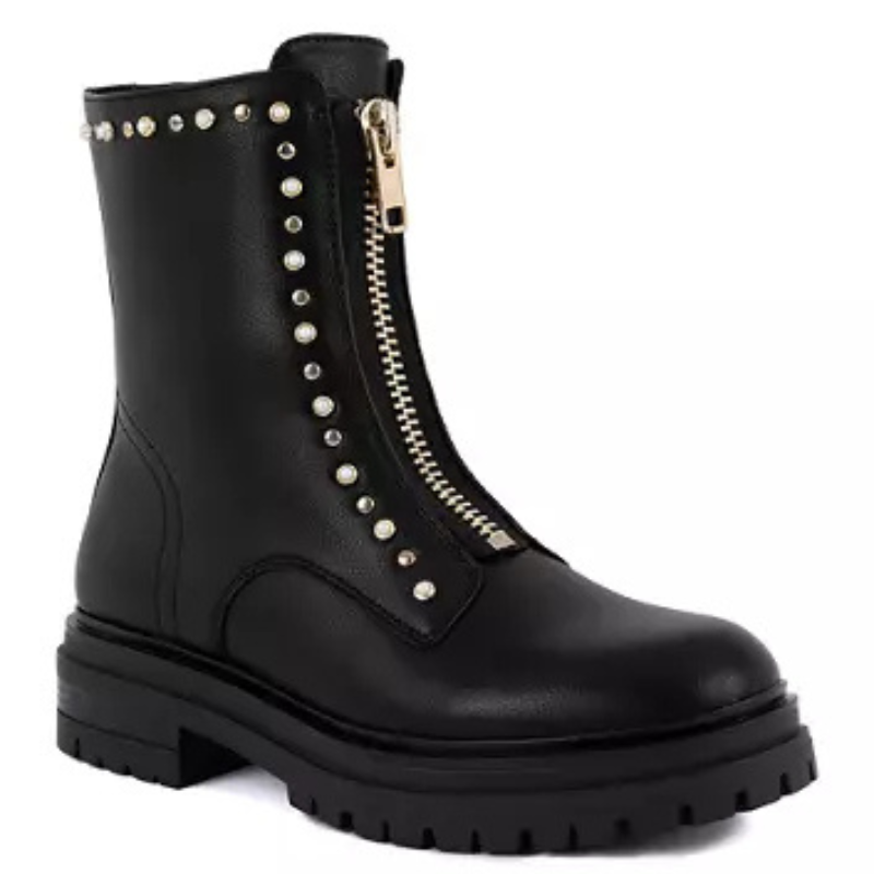 Black leather combat boots with a mid-calf height, featuring a gold-tone side zipper and embellished with small studs along the edges of the sole and shaft.