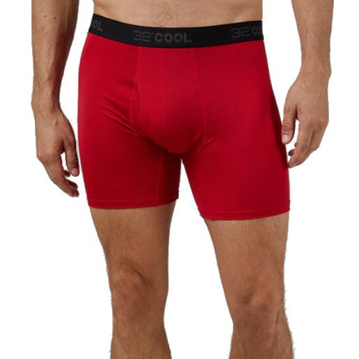 Red boxer briefs with a black waistband featuring the logo \“32° Cool.\“