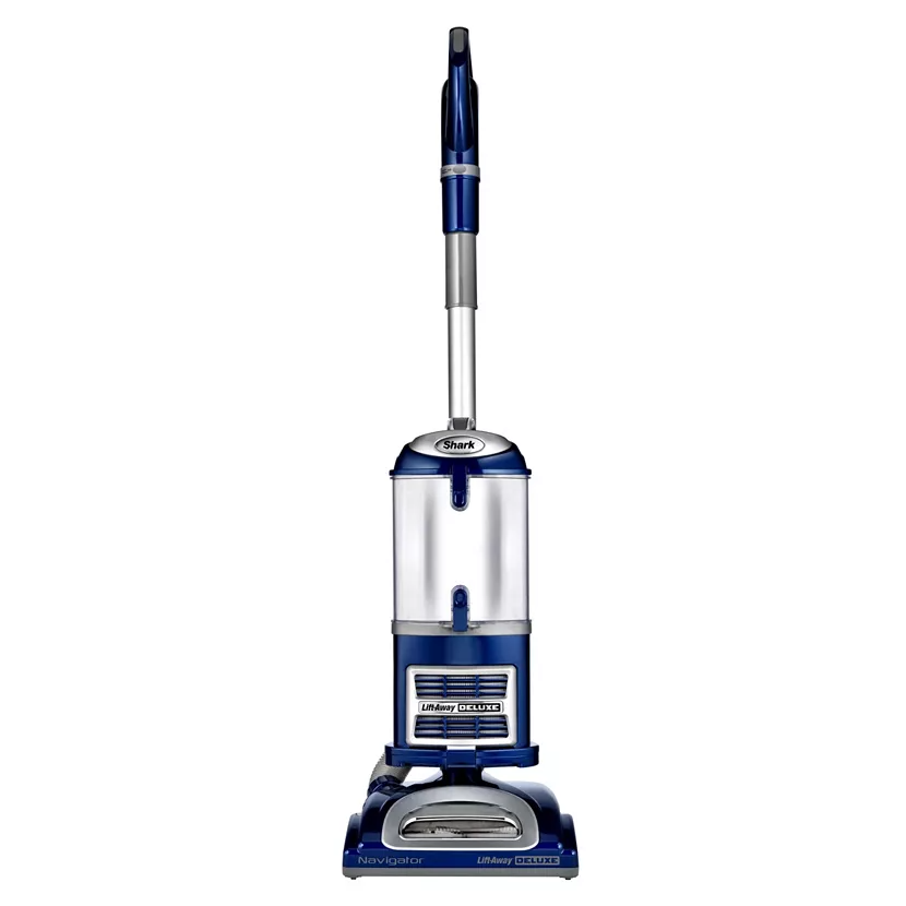Upright vacuum cleaner with a transparent dust cup and blue accents labeled \“Shark Navigator Lift-Away Deluxe.\“