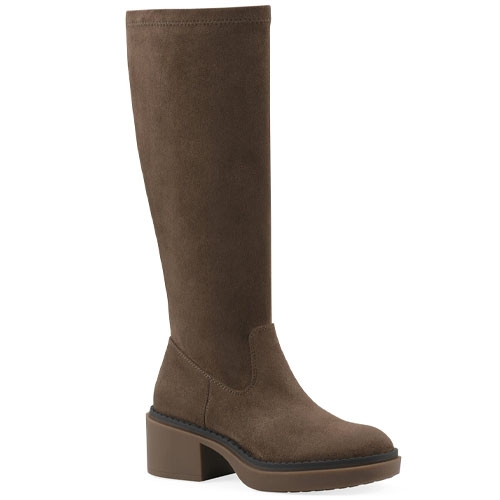 A knee-high, brown suede boot with a block heel and rubber sole.