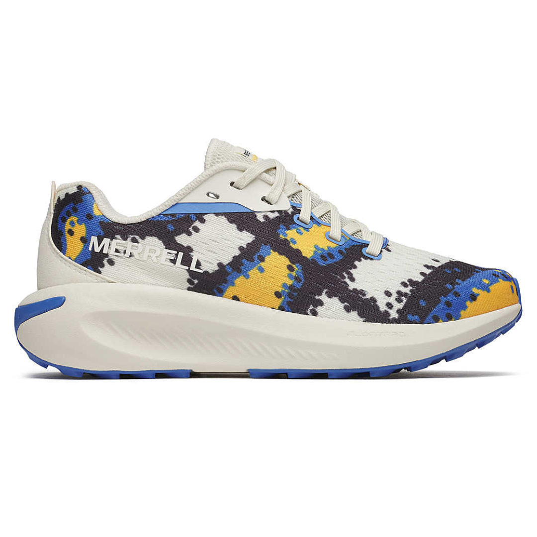 Merrell sneaker with a colorful pattern in blue, yellow, and black on a white base, featuring a thick white sole and blue accents.