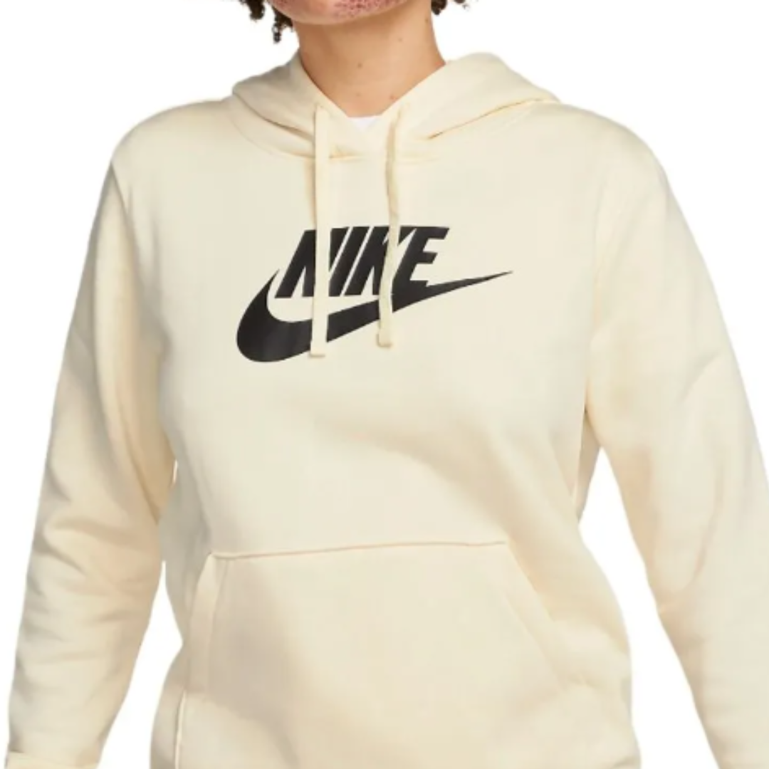 A cream-colored Nike hoodie featuring the brand's logo in black on the chest.