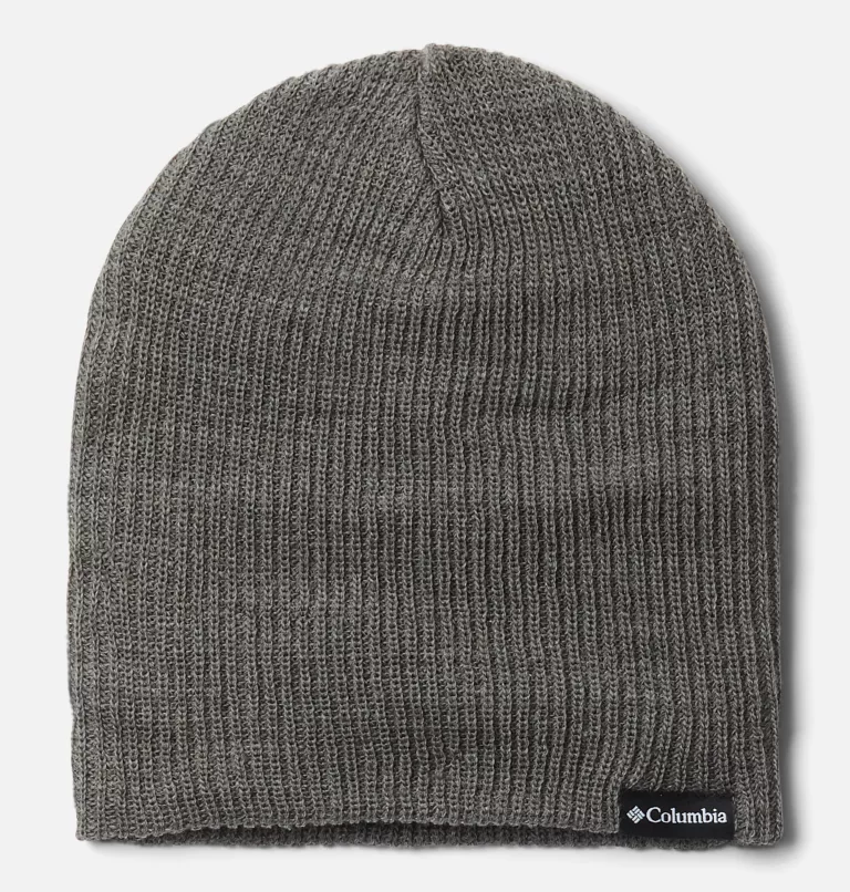 A gray knitted beanie hat with a ribbed texture and a logo on the lower edge.