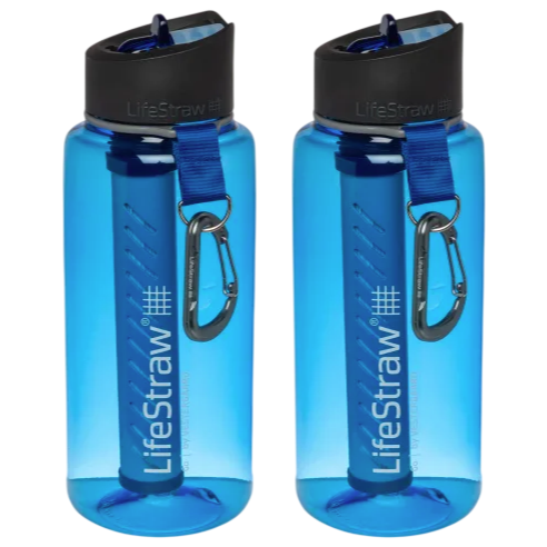 Two blue reusable water bottles with integrated LifeStraw filters and black caps, each featuring a carabiner attached to a blue strap.