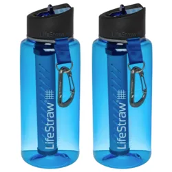 Two blue reusable water bottles with integrated LifeStraw filters and black caps, each featuring a carabiner attached to a blue strap.