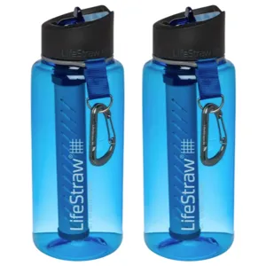 Two blue reusable water bottles with integrated LifeStraw filters and black caps, each featuring a carabiner attached to a blue strap.