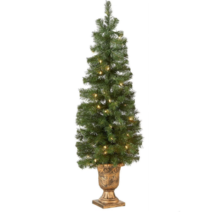 Artificial Christmas tree in a decorative pot with integrated warm white lights.