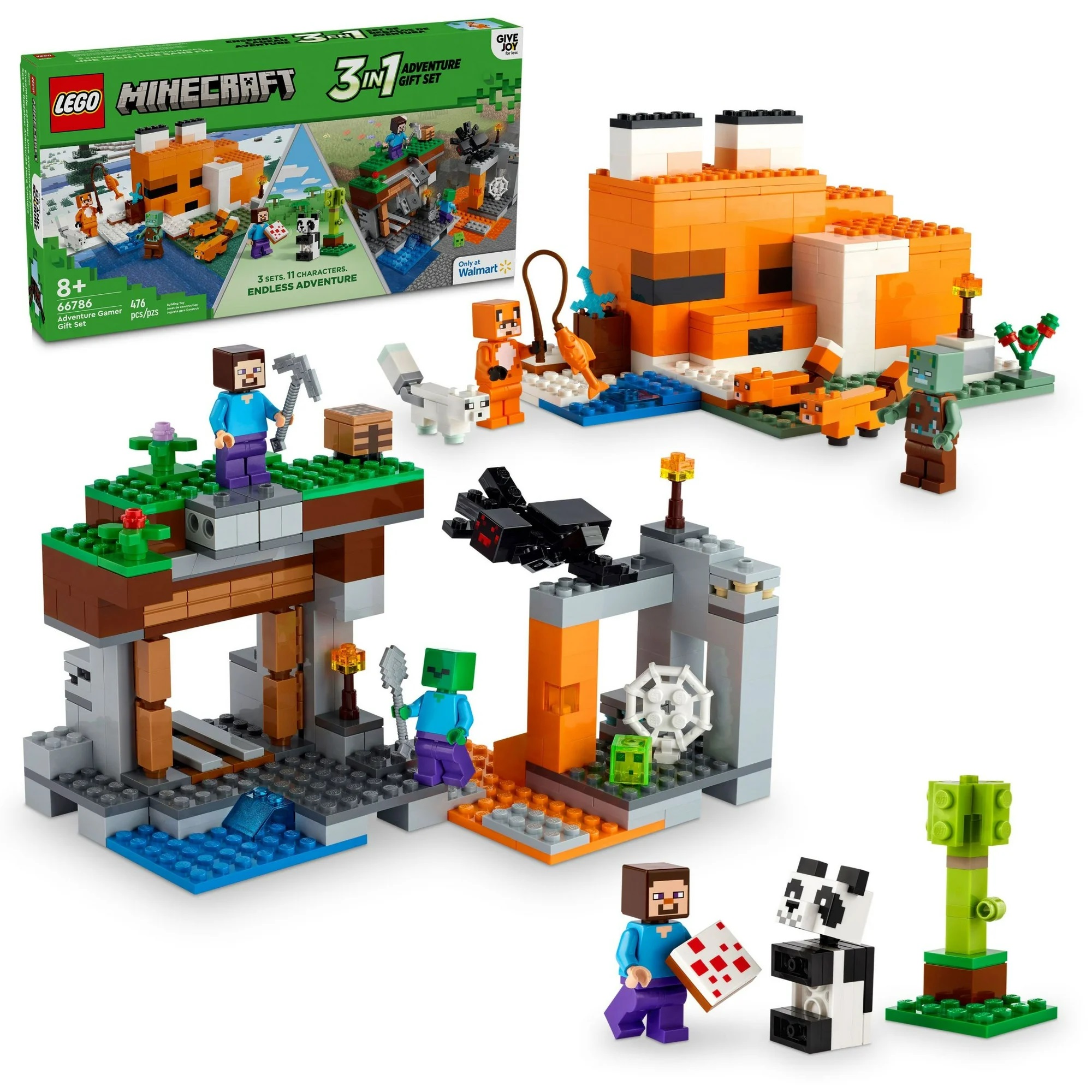 LEGO Minecraft 3-in-1 Adventure Gift Set featuring buildable environments and characters from the game, available exclusively at Walmart.