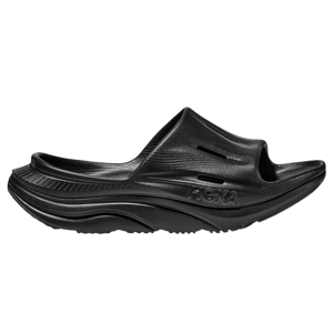 A black slide sandal with a thick sole and rounded footbed, featuring the HOKA logo on the side.