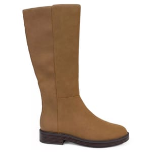 A brown, knee-high boot with a flat sole and a clean, simple design.