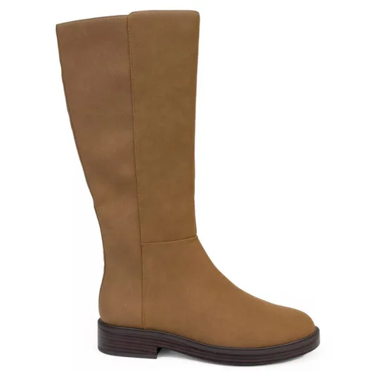 A brown, knee-high boot with a flat sole and a clean, simple design.