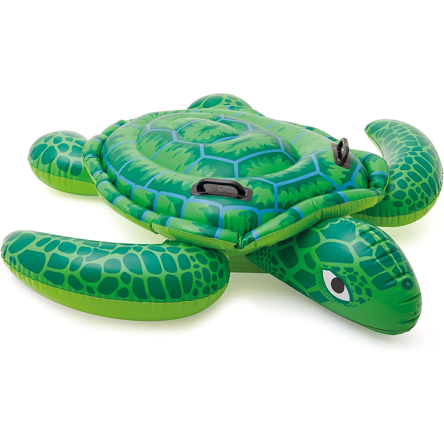 Inflatable pool float shaped like a sea turtle featuring a detailed green design with two black handles on top for easy grip.