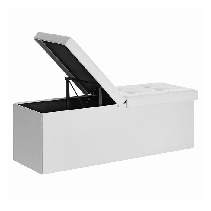 White storage ottoman bench with a hinged lid, revealing interior storage space. Simple and functional design.