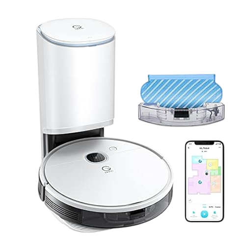 A robotic vacuum cleaner with self-emptying station, a detachable mopping attachment, and a smartphone app displaying a floor plan for cleaning control.