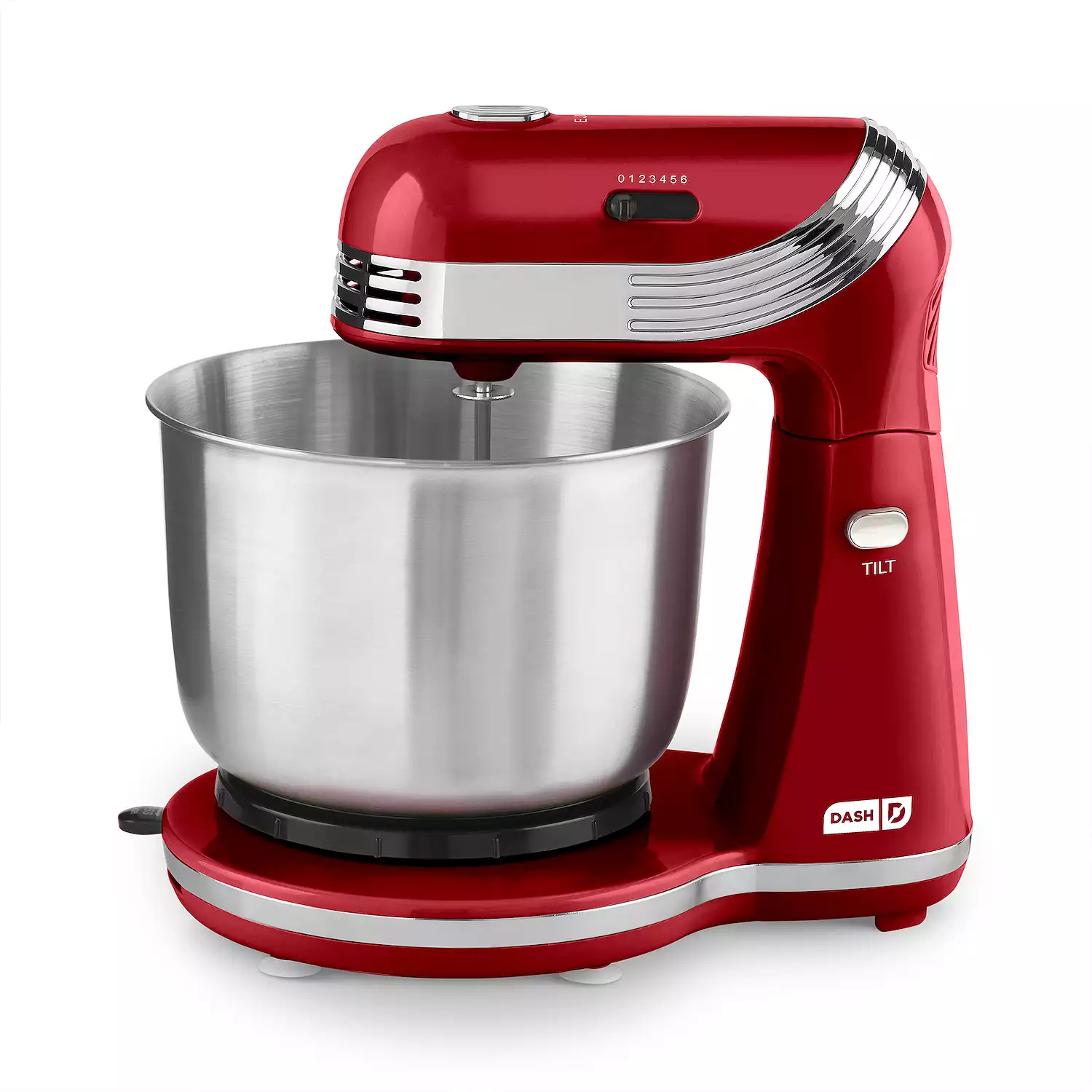 A red Dash stand mixer with a stainless steel bowl, chrome accents, and a tilt-head design featuring control buttons and a logo on the side.