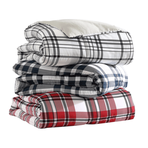 Stack of three plaid-patterned comforters in black, blue, and red.