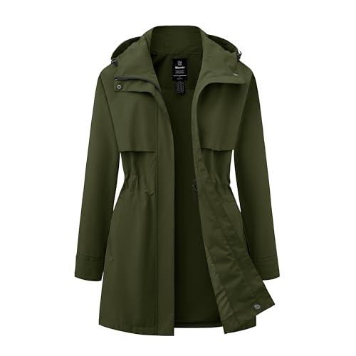 Olive green women's hooded rain jacket with a zippered front, flap pockets, and adjustable cuff straps.
