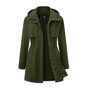 Olive green women's hooded rain jacket with a zippered front, flap pockets, and adjustable cuff straps.