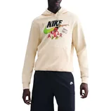 Model in a Nike outfit featuring a cream hoodie with graphic print, black shorts with a Nike logo, black socks, white sneakers, and a black cap.